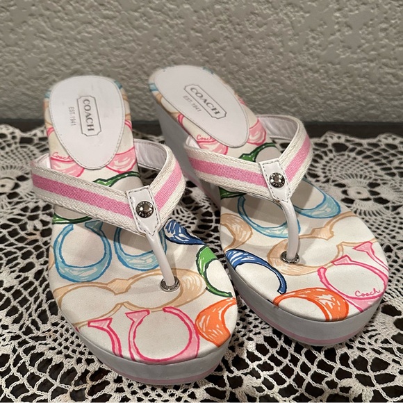 Coach Felicite Platform Wedge Sandal Signature C White Pink Multicolor - Picture 3 of 10